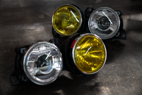 BMW E30 "Frenchie" Headlights - Clear Low Beam Lenses w/ Yellow High Beam Lenses-Exterior Lights-grip-drift-Garagistic-bmw