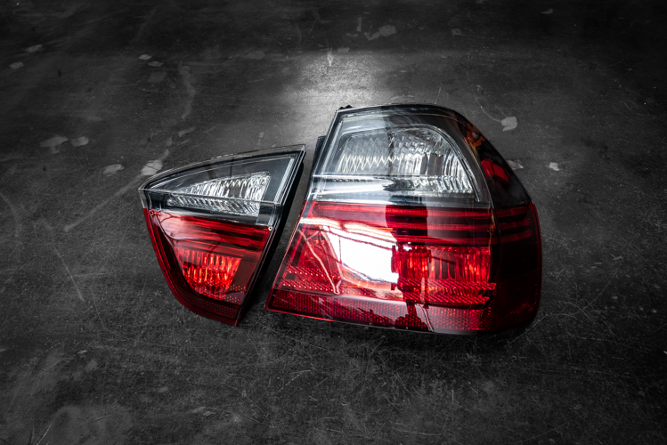 2004-2008 E90 "Blackline" Style Smoked Red/Clear Tail Lights - 63217161955, 63217161956, 63216937459, 63216937460