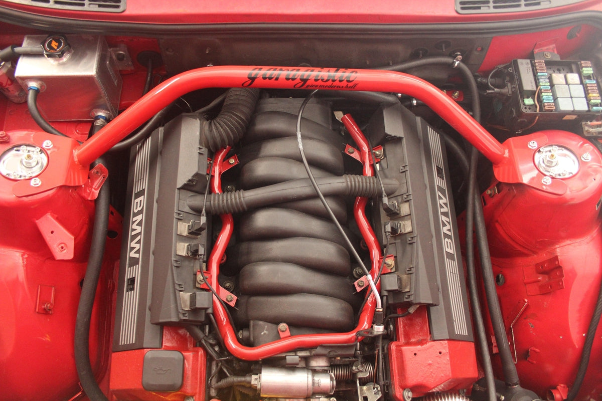 E30 Garagistic Front Strut Bar - M42, M20, M50 Compatible-Strut Bars-grip-drift-Red-Garagistic-bmw