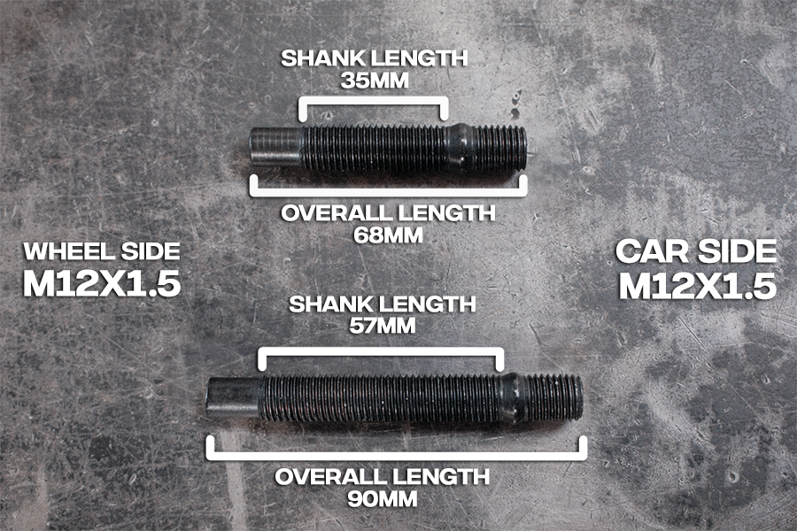 garagistic wheel stud lug conversion size thread pitch 12x1.5 bmw mercedes shank length overall