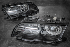 BMW E46 Sedan DEPO Black Projector Angel Eye Headlights - 63126902753, 63126902754, 63126902763, 63126902764, 63126906495, 63126906496-Exterior Lights-grip-drift-Garagistic-bmw